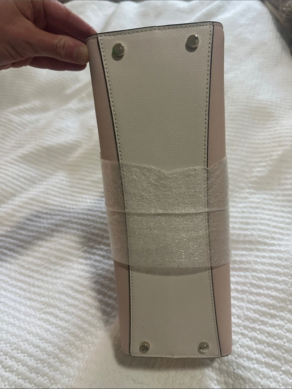 kate spade Pebbled Leather Satchel in Blush Pink and Taupe Handles